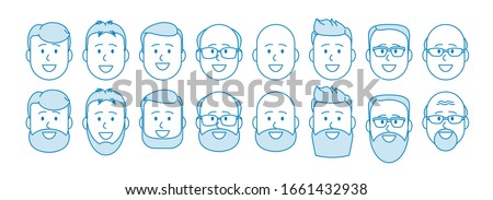 Male human face. Portrait with and without a beard. Male avatar design for social networks. Illustration in line art style. Vector