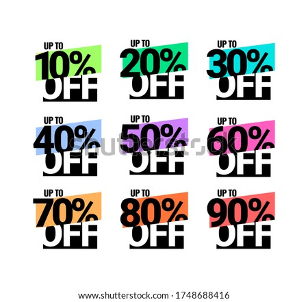 Sale of special offers. The discount with the price is from 10 to 90 percent. A set of stickers for a retail advertising campaign on the day of purchase. Vector illustration
