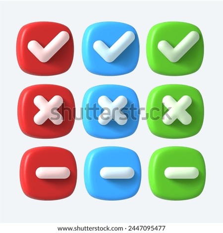 Vector Render 3d of simbol Right Check Mark, Minus and Cross Icon. Blue, Green and Red. icon or emblem. Vector illustration