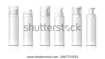 Realistic Cosmetic bottle can sprayer container. Dispenser for cream, soups, foams and other cosmetics With lid and without. Template For Mock up Your Design. vector illustration.