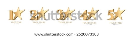 Set of Star Rating Symbols. 3D Golden Signs. Star Rating Emblems. Five Stars. Vector Illustration