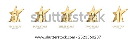 Set of Star Rating Symbols. 3D Golden Signs. Star Rating Emblems. Five Stars. Vector Illustration