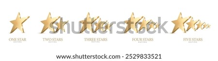 Set of Star Rating Symbols. 3D Golden Signs. Star Rating Emblems. Five Stars. Vector Illustration