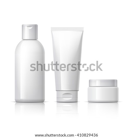 set of cosmetic products on a white background. Cosmetic package collection for cream, soups, foams, shampoo. Object, shadow, and reflection on separate layers. vector illustration.