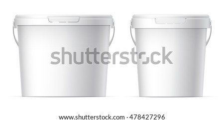 White plastic set bucket with White lid. Product Packaging For food, foodstuff or paints, adhesives, sealants, primers, putty. MockUp Template For Your Design. Vector illustration.