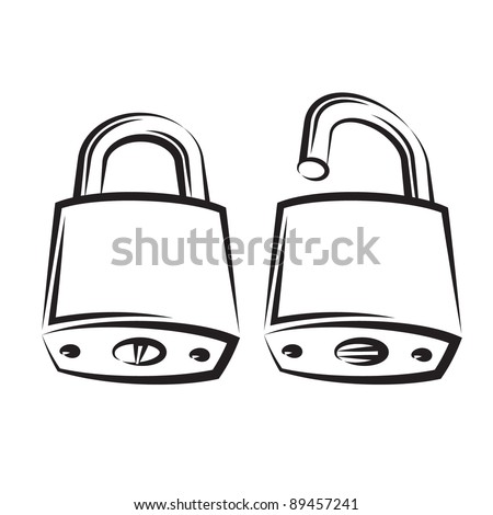 lock icon black and white vector illustration. open and closed lock