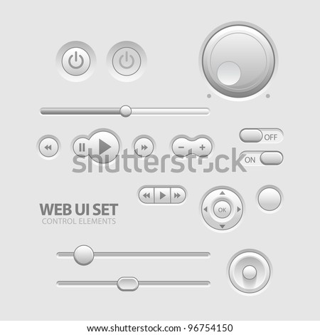 Light Web UI Elements Design Gray. Elements: Buttons, Switchers, Slider