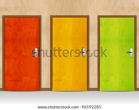 Red, Green, Yellow wooden doors.