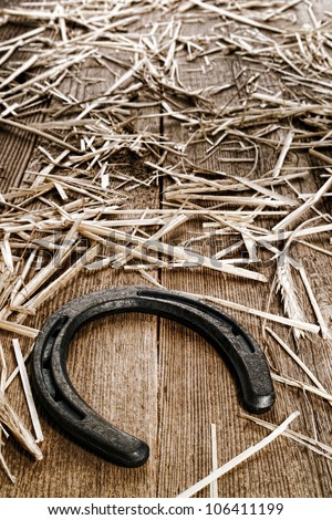 Rustic horse-shoeing lucky horseshoe on old and weathered barn wood floor boards covered with straw