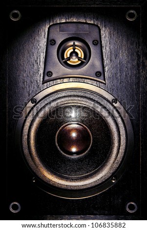 High fidelity audio stereo system sound speaker enclosure with low bass and treble tweeter loudspeaker cone drivers