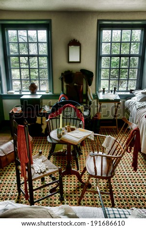 Antique room interior at George Washington Headquarters of the American Revolutionary War Continental Army in the Potts house at Valley Forge National Historical Park near Philadelphia in Pennsylvania