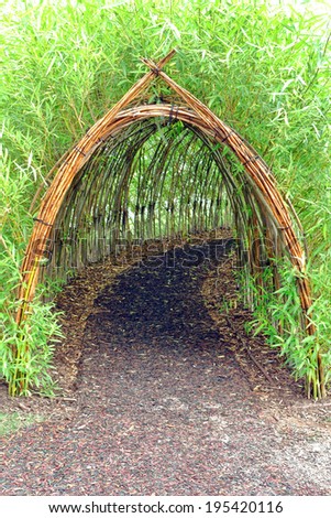 Whimsical and magic live bamboo plant covered tunnel as secret hidden mystery pathway in an urban children amusement playground and play park and natural discovery garden