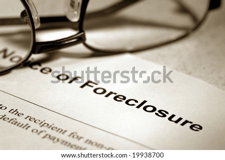 Real estate finance lender home notice of foreclosure with glasses (fictitious document with authentic legal language)