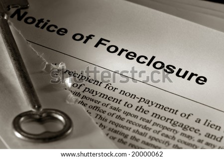 Real estate financial lender home foreclosure notice and open mailing envelope with old skeleton house key (fictitious document with authentic legal language)