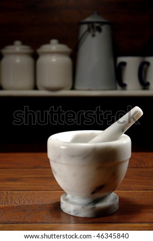 Antique marble mortar and pestle in an old general store