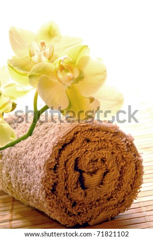 Orchid flowers on soft cotton brown towels in a spa
