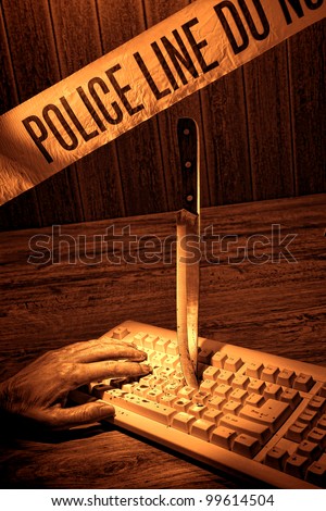 Gruesome forensic criminal violent murder crime scene with dead victim woman hand and knife weapon evidence into computer keyboard with blood splatter under police line CSI tape in rough grunge sepia
