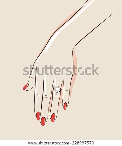 Woman hand wearing a wedding ring drawing. Illustration eps 10