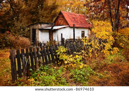 a small house in the autumn forest in the village