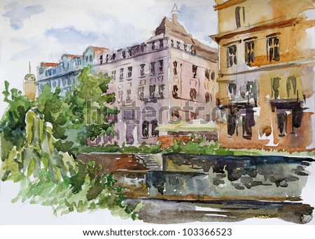 Watercolor of Old City of Karlovy Vary: streets, roofs, embankment