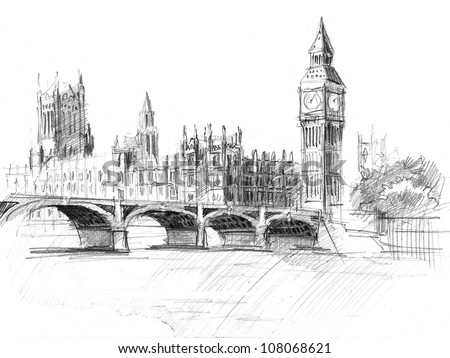 Pencil Drawing Of The Palace Of Westminster Or Houses Of Parliament Or ...