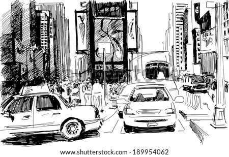 Times Square in New York city in a sketchy contrast style: artistic inc-pencil drawing in vector