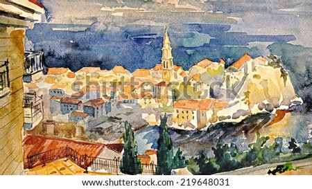 Watercolor of Budva old city: semi-island with ancient houses with the setting sun in vintage style