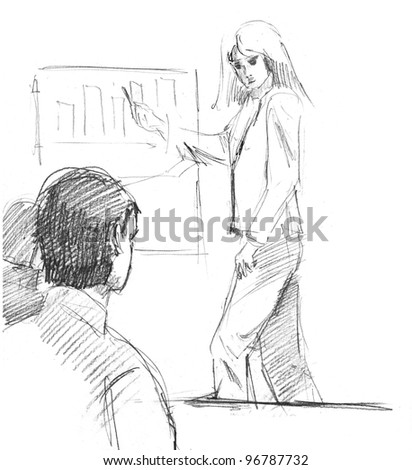 pencil drawing of a business presentation with a blond woman speaker and listeners