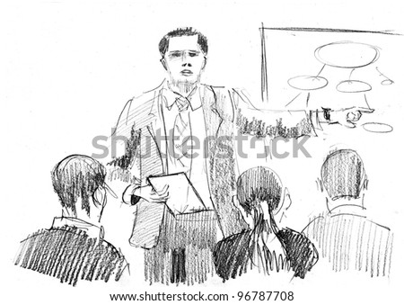 pencil drawing of a business presentation with speaker and listeners