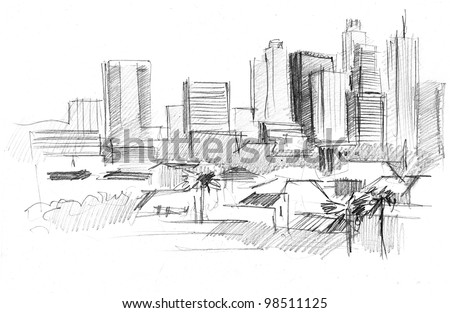 Pencil Drawing Of A Big Modern City With Skyscrapers Stock Photo ...