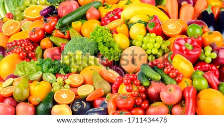Wide background made of vegetables and fruits. Food concept. Top view Foto stock © 