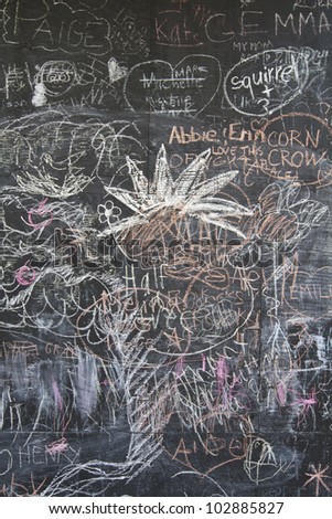 Pattern of children\'s overlapping graffiti covers blackboard with pastel chalk colors. Closeup, vertical composition.