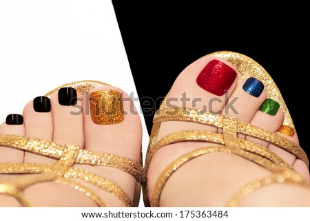 Multicolored shining pedicure on white or black background.