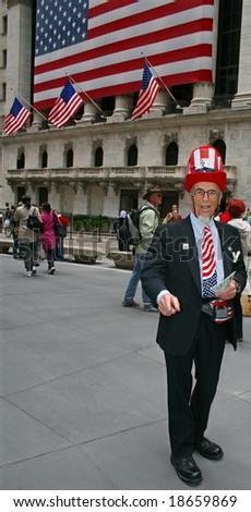 NEW YORK, NY -- OCTOBER 7, 2008: An Uncle Sam look-alike stands outside the New York Stock Exchange on October 7, 2008, the fifth straight down day of the crash of 2008