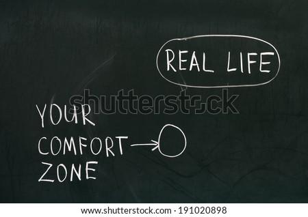Blackboard concept for leaving your comfort zone behind and moving in to the real life
