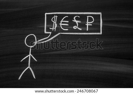 Dark chalkboard with a pegman and currency signs illustration.