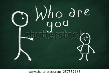 On the blackboard draw two chracters and write Who are you?