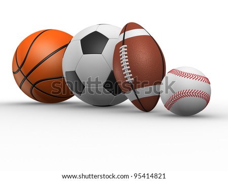 The football, rugby, baseball and basketball. 3d render various sports balls.