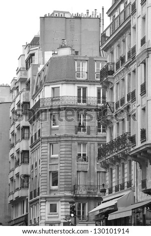 Traditional inner-city apartment buildings, Paris, France. Black and white.