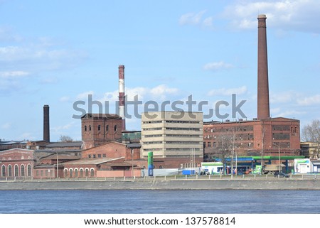 The old factory building on the banks of the Neva River in St.Petersburg, Russia.