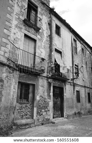 House in the medieval quarter of Girona, Spain. Black and white.