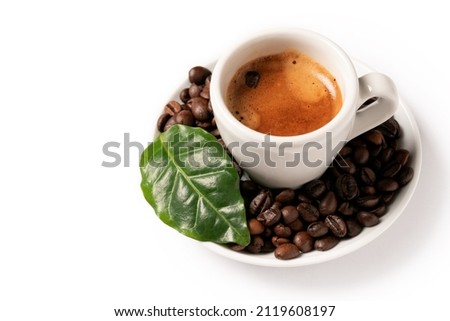 Cup of italian espresso with coffee beans and leaf, isolated on white background  Foto d'archivio © 