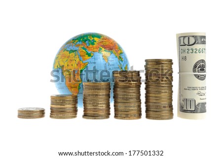 Five stacks of coins with globe and bundle of money on white background