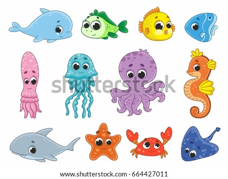 Vector cartoon set with sea animals. Funny sea animals. Vector illustration for kids