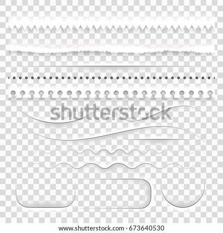 Set of realistic semitransparent white paper decorative dividers, cut torn ripped edges with shadows. And also includes EPS 10 vector