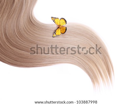 yellow butterfly on blonde hair isolated on white