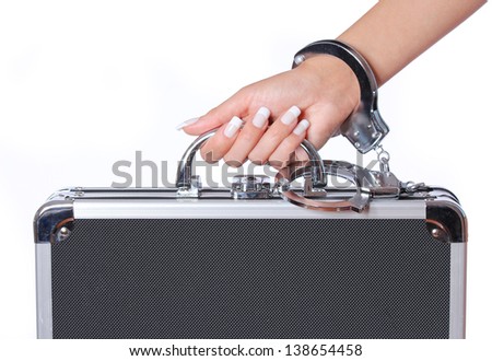 case of money in female hand with handcuffs, isolated on white. concert