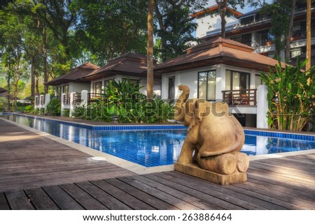 Thailand. Ko Chang. December 13, 2011. Hotel Chang Buri Resort elephant at the pool