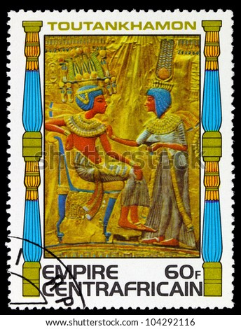 CENTRAFRICAIN - CIRCA 1978: A stamp printed in The Central African Empire showing the image of a throne decoration, series is devoted to Egyptian Pharaoh Tutankhamun, circa 1978