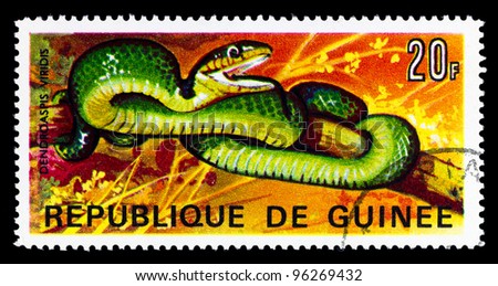 GUINEE- CIRCA 1970s: A post stamp printed in GUINEE shows snake , series. circa 1970s